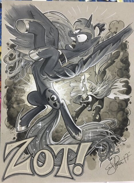 Drawing of Queen Chrysalis from the animated series My Little Pony: Friendship is Magic hitting Princess Luna's butt with a bolt of magic, producing the onomatopoeia "ZOT!"