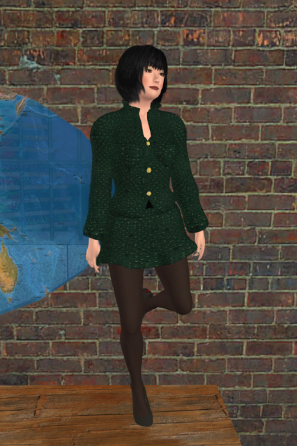 Me doing an Irish dance on the bar counter of Gulliver's, wearing a green jacket over a black top, a short green skirt, black nylon tights and black flats.