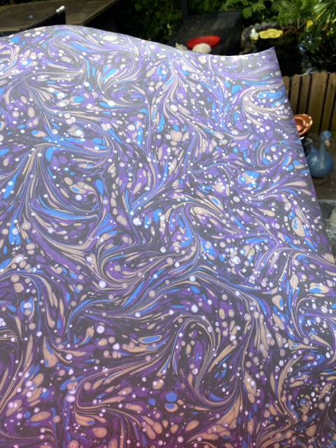 A big sheet of paper, purple, cyan and golden swirls cover it. There are white and golden dots scattered around, disrupting the swirls. A big sheet of paper, purple, cyan and golden swirls cover it. There are white and golden dots scattered around, disrupting the swirls.