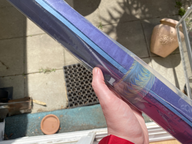 Rolled up papers, purple and turquoise in a plastic sheet. They're held out into the garden and sunlight. Rolled up papers, purple and turquoise in a plastic sheet. They're held out into the garden and sunlight.