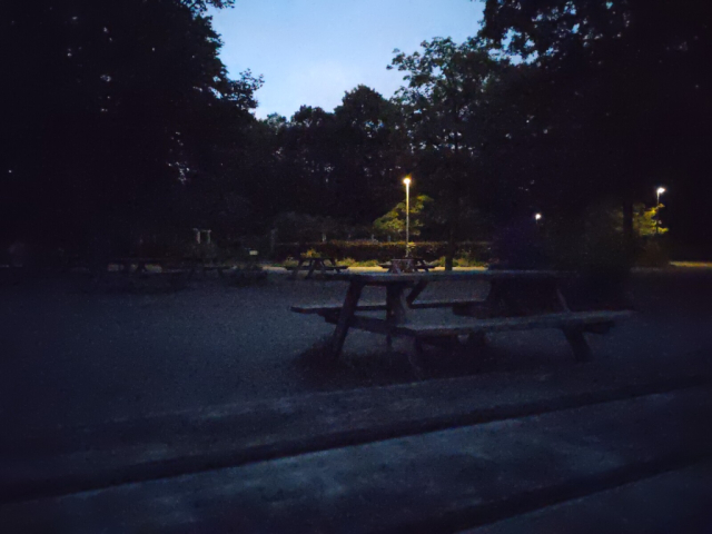 dämmerung im park.. biergartenbänke mit tisch im vordergrund, im hintergrund und an den seiten sind dunkle schatten von bäumen zu erkennen. in der bildmitte von rechts nach links ein weg mit straßenlampen. in der bildmitte beleuchtet eine lampe den boden unter sich, ein heller fleck, vor einer kleinen hecke. mittig oben ein dämmeriger, blauer himmel.