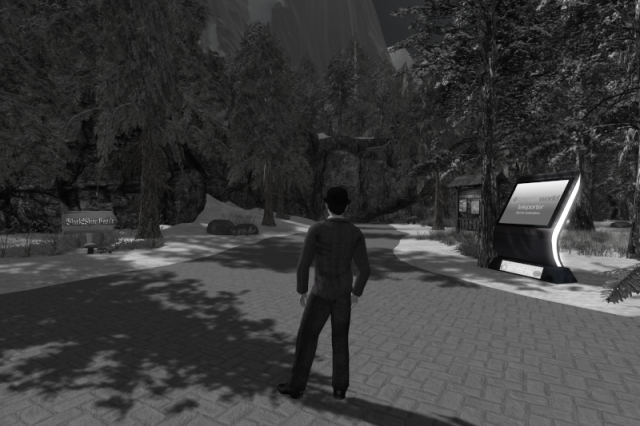 Digital rendering of a fully monochrome male avatar in a fully monochrome location in a 3-D virtual world. The avatar is clad in a dark grey tweed suit, a black bowler hat and dark grey formal shoes and seen from behind. He is standing on a paved path surrounded by various conifers that leads towards a cliff and, as the sign on the left indicates, a place named BlackWhite Castle. An alternative description, generated by the Large Language and Vision Assistant AI, and an extremely long and detailed description I have written myself with more explanations, including what kind of virtual world this is, what some of the objects in the image are, how the whole place could be made black and white and why it is in black and white in the first place, can be found in the post itself. If you're on Mastodon, it's above this picture and hidden behind a long text content warning for its length of over 500 characters. If you're on Pleroma, Akkoma, another Pleroma fork, Friendica, Hubzilla or (streams), the image description will follow further down in this post.