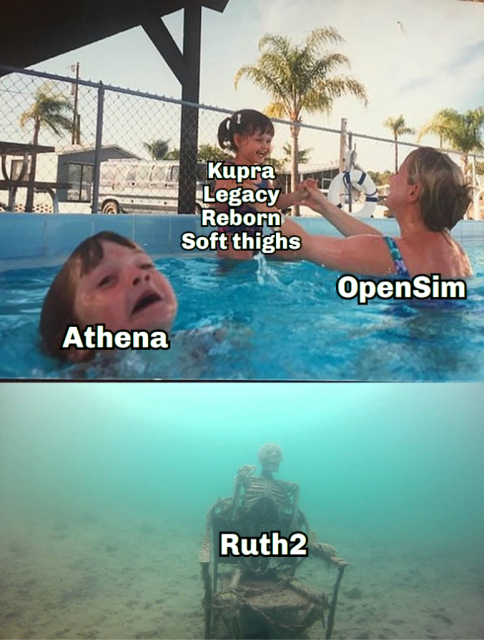 The upper part of the image shows a mother in a public pool, holding up her daughter while her other kid next to her looks like almost drowning. The mother is labelled, "OpenSim," the daughter she hold is labelled, "Kupra | Legacy | Reborn | Soft thighs," the almost drowning kid is labelled, "Athena." The lower part of the image shows a skeleton sitting on a char under water, labelled, "Ruth2."
