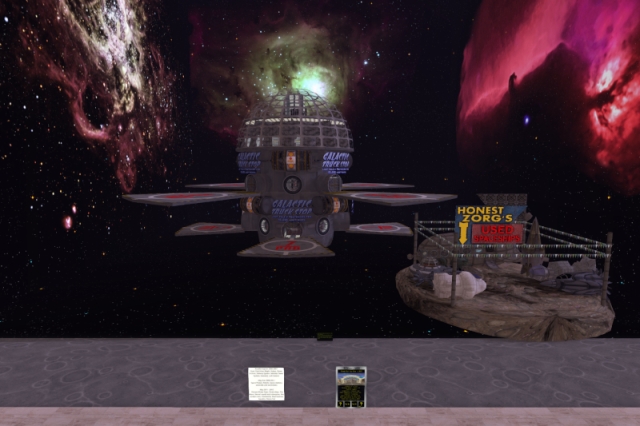 The third image described in the post text. It is a shaded, non-ray-traced digital rendering from inside a 3-D virtual world that shows a display at the virtual exhibition event OpenSimFest, featuring a cube-shaped backdrop with nebulae on it, a space station and a used spaceship dealership, all built by Arcadia Asylum in the late 2000s and early 2010s. There are also two info signs, and a teleporter is standing at the front edge of the display. A more detailed description including transcriptions of the sign and the teleporter labels can be found in the post text.