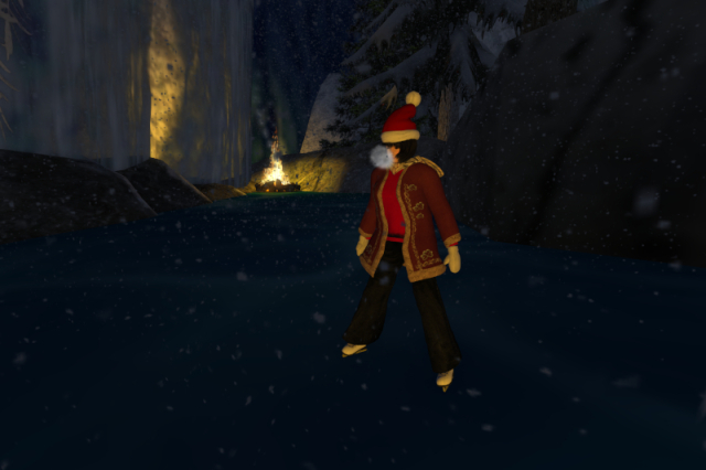 Me ice-skating on a frozen lake in the dark with a campfire in the background, my breath condenses again