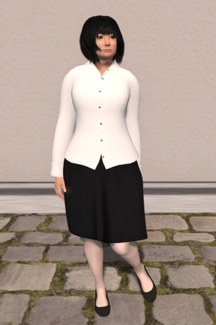 Self-portrait in a white long-sleeved buttoned shirt, a knee-long straight black skirt, white sheer tights and black flat shoes.