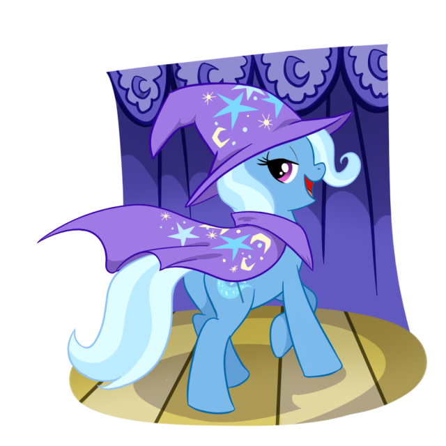 Drawing of The Great And Powerful Trixie in her hat and cape, standing on a stage in a spotlight