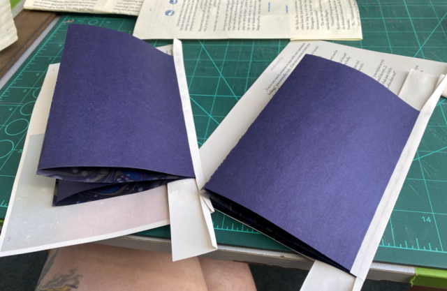 The folded endpapers are tipped(glued) to each other. Light gray paper is glue to the edges and folded around them. The folded endpapers are tipped(glued) to each other. Light gray paper is glue to the edges and folded around them.