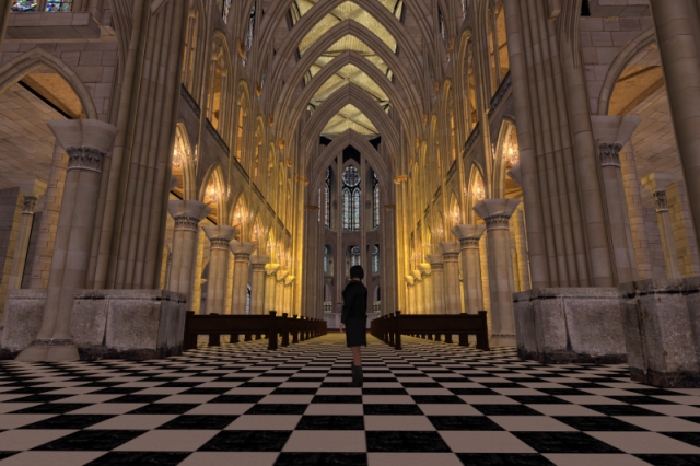 Interior shot from virtual Notre-Dame, looking from the entrance towards the altar. The cathedral is partly illuminated with candles.