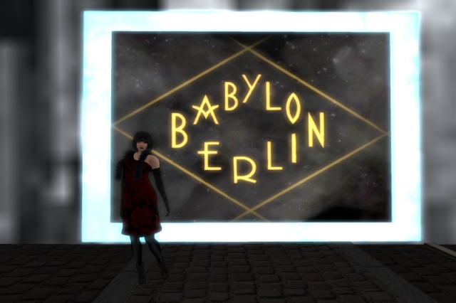 Me in the same outfit, posing in front of the logo of the TV show Babylon Berlin which inspired the whole place.