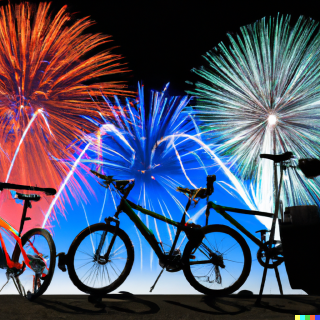 DALL·E 2022-12-31 08.06.02 - trekking bike, road bike, mountain bike and cargo bike in front of firework.png