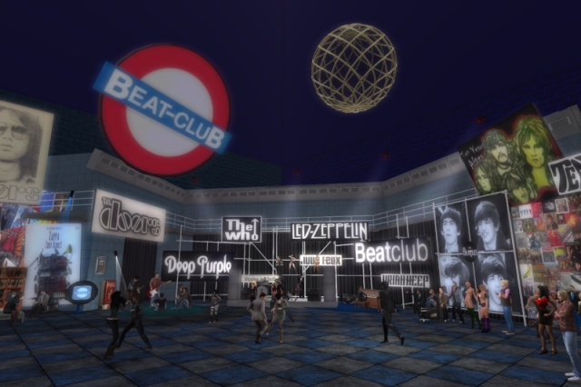 An overview of the venue with the stages in the background and the Beat-Club logo and the Clubmaster dance machine under the ceiling; the stages are decorated with the logos of the Doors, Deep Purple, The Who, Led Zeppelin, Julie Felix, Uriah Heep and another Beatclub logo; also visible are the early guests, a few static figures along the dance floor, pictures of the Beatles, Ten Years After and Jim Morrison and various album covers decorate the walls